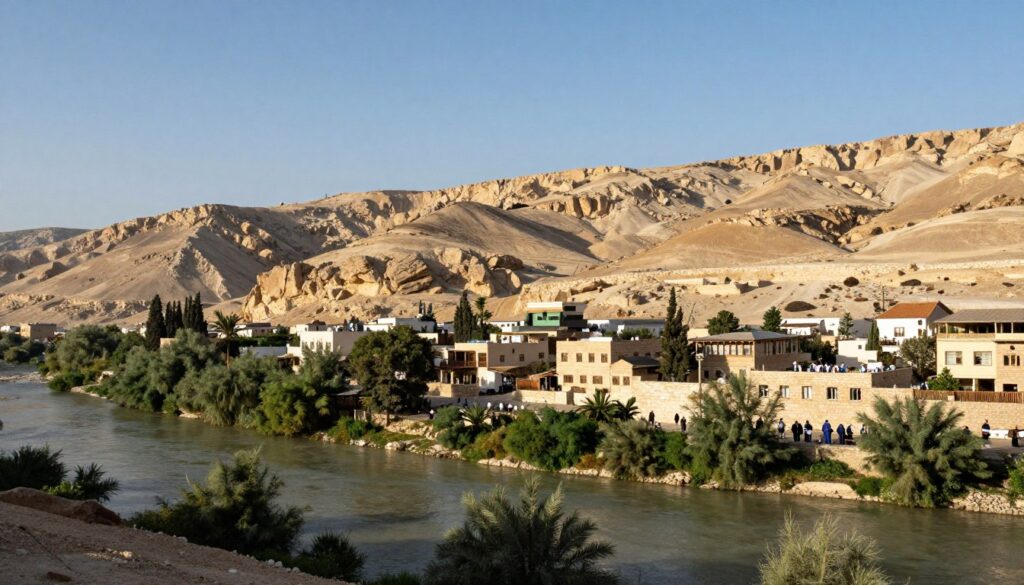 A landscape featuring the eastern border between Israel and Jordan, showcasing the rugged terrain and natural beauty of the region. In the foreground, depict a serene view of the Jordan River with lush greenery along its banks, blending into the mountains in the background. The middle layer should include a small traditional Jordanian village, with modest buildings and people dressed in professional attire engaging in daily activities, symbolizing the relationship between the two countries. The background should display the rocky hills and a clear blue sky, with soft sunlight creating a warm and inviting atmosphere. Use a wide-angle lens perspective to capture the vastness of the space and give a sense of connection between the two nations.