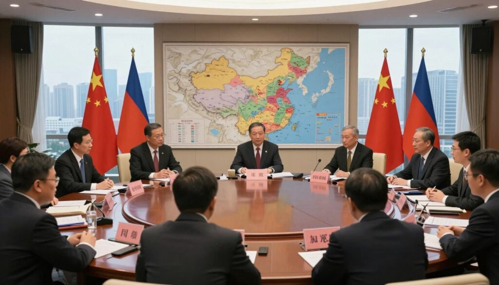 A modern diplomatic meeting between representatives of China and its neighboring countries, depicted at a round table in a spacious conference room. The foreground features confident diplomats in professional business attire, discussing strategies with serious expressions. In the middle ground, a large map of the region highlights China and its borders, surrounded by charts illustrating trade, resources, and conflict. The background showcases large windows with a panoramic view of a bustling city skyline, symbolizing economic ties and challenges. Soft, natural lighting filters through the windows, creating a focused and tense atmosphere that captures the complexity of contemporary international relations. The composition should feel dynamic and engaged, emphasizing unity and confrontation in equal measure.