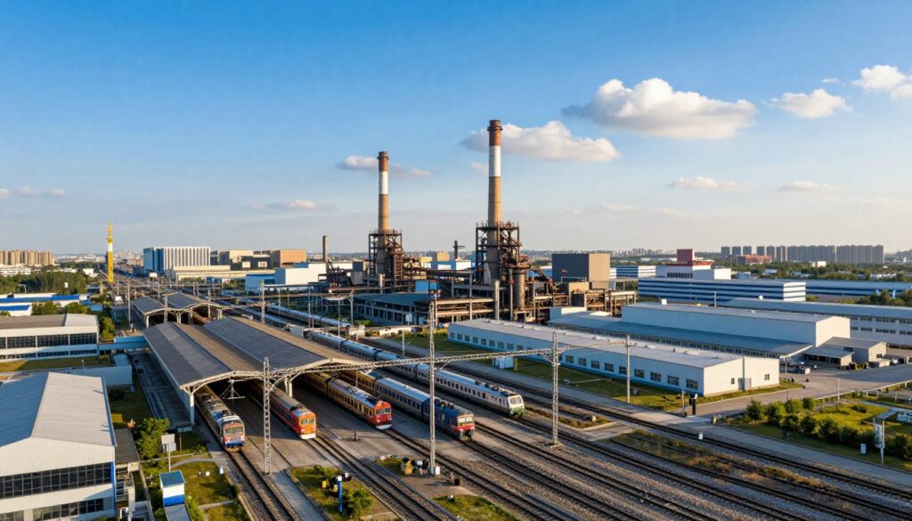 A modern industrial landscape featuring expansive railway lines intersecting with sleek factories and warehouses. In the foreground, there should be a busy train station with trains arriving and departing, emphasizing connectivity and progress. The middle ground should display sprawling industrial buildings with large smokestacks, surrounded by green spaces for contrast. In the background, a clear blue sky with soft clouds adds a sense of optimism and growth. The scene is illuminated by warm afternoon sunlight, casting inviting shadows that enhance the depth of the image. The overall atmosphere is vibrant and dynamic, showcasing the synergy between industry and transportation in a contemporary setting. A modern industrial landscape featuring expansive railway lines intersecting with sleek factories and warehouses. In the foreground, there should be a busy train station with trains arriving and departing, emphasizing connectivity and progress. The middle ground should display sprawling industrial buildings with large smokestacks, surrounded by green spaces for contrast. In the background, a clear blue sky with soft clouds adds a sense of optimism and growth. The scene is illuminated by warm afternoon sunlight, casting inviting shadows that enhance the depth of the image. The overall atmosphere is vibrant and dynamic, showcasing the synergy between industry and transportation in a contemporary setting.