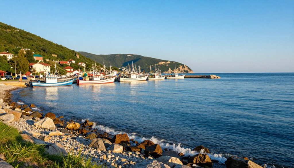 A panoramic view of the Black Sea, showcasing its vivid blue waters under a clear sky. In the foreground, gently lapping waves create a serene atmosphere, with a rocky shoreline dotted with pebbles and patches of green coastal grass. The middle ground includes a bustling harbor with colorful fishing boats moored, reflecting the regional maritime culture. In the background, rolling hills covered in lush greenery rise toward a horizon marked by the distant silhouette of Ukraine’s coastline. The lighting is warm and inviting, suggesting late afternoon, casting soft shadows on the land and water. The overall mood is tranquil yet vibrant, capturing the essence of this crucial access point to the Black Sea and Sea of Azov.