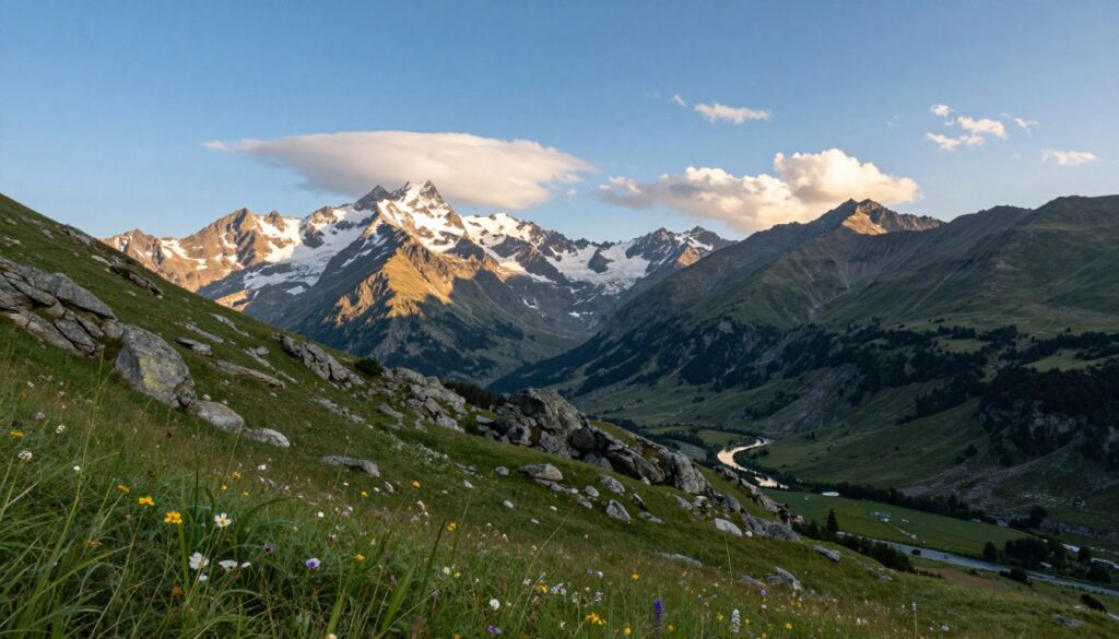 A panoramic view of the Pyrenees mountains, illustrating the natural barrier between Spain and France. In the foreground, a lush green meadow dotted with wildflowers, leading up to rocky slopes. The middle ground features towering, jagged peaks capped with snow, contrasting against a bright blue sky. Wispy clouds drift lazily, casting gentle shadows on the rugged terrain. In the background, a small winding river reflects the sunlight, enhancing the serene atmosphere. The scene is bathed in soft, golden hour lighting, creating a tranquil and majestic mood. Capture this landscape with a wide-angle lens to emphasize the grandeur of the mountains, inviting viewers to feel the strength and beauty of this natural border.