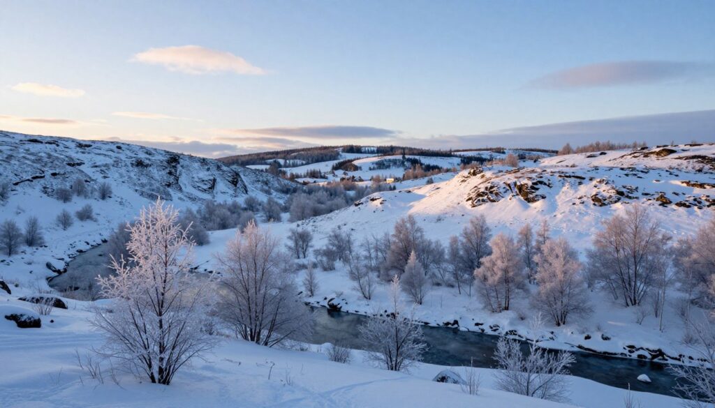 A panoramic view of the border between Norway and Finland, showcasing a serene winter landscape. In the foreground, frost-covered trees and a small, frozen stream reflect the soft, pale light of dawn. The middle ground features the rugged, snow-dusted hills that define the boundary, with subtle signs of wildlife like tracks in the snow. In the background, the silhouette of the Finnish countryside stretches towards a clear blue sky, dotted with wispy clouds. The scene conveys a sense of tranquility and the beauty of nature in this remote area. The atmosphere is calm, inviting the viewer to appreciate the geographic connection between these two northern nations. Soft lighting enhances the wintery feel, with a slightly elevated perspective capturing the vast expanse of the landscape.