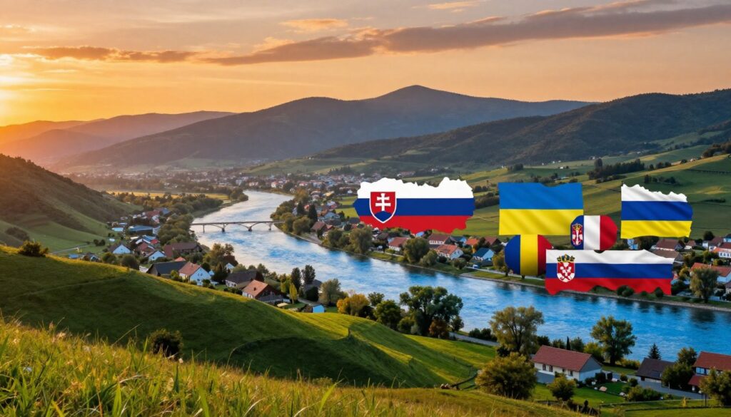 A panoramic view of the borders of Hungary, showcasing its neighboring countries: Austria, Slovakia, Ukraine, Romania, Serbia, Croatia, and Slovenia. In the foreground, a peaceful rural landscape with gentle rolling hills and lush greenery, symbolizing the serene nature of this region. Mid-ground features a clear blue river that flows, signifying the natural boundaries, with picturesque villages nestled along its banks. In the background, majestic mountains create a dramatic skyline under a vibrant sunset, casting warm golden and orange hues across the sky. The scene evokes a sense of harmony and coexistence, bathed in soft, diffused lighting, capturing the essence of the diverse cultures that surround Hungary.