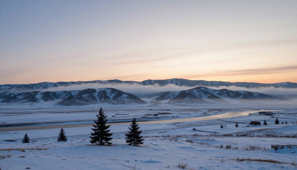 A panoramic view of the northern borders of China, capturing the rugged landscapes where it meets Russia and Mongolia. In the foreground, a snow-covered expanse with a few scattered pine trees and a river winding through the icy terrain. In the middle, the borders are marked by a line of rugged hills and mountains, partially shrouded in mist, symbolizing the natural divide. The background features the vast sky painted in soft hues of dawn, suggesting a serene atmosphere. The image should evoke a sense of isolation and tranquility, highlighting the stark beauty of the border regions. Use a wide-angle lens effect to enhance the depth, with soft diffused lighting to create a calm and peaceful environment. No people or man-made structures should be present in the scene.