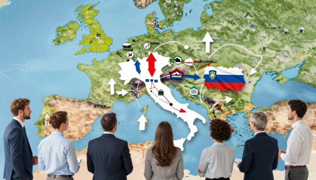 A panoramic view showcasing the economic significance of Italy's neighboring countries in Europe. In the foreground, a diverse group of business professionals in formal attire engages in a dynamic discussion around a map highlighting Italy and its borders with France, Switzerland, Austria, and Slovenia. In the middle ground, stylized arrows and icons represent trade routes and economic connections between these nations, symbolizing commerce and collaboration. The background features an artistic blend of European landscapes, including the Alps and Mediterranean coastlines, suggesting geographical influences on trade. The scene is bathed in soft, natural lighting, capturing a sense of optimism and growth, while emphasizing the importance of regional partnerships in a global economy.