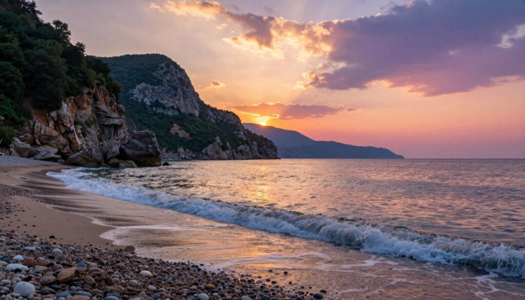 A picturesque coastal landscape showcasing Turkey's diverse coastline and geographical features. In the foreground, gently rolling waves lap at a sandy beach adorned with smooth pebbles, reflecting the soft golden hues of the setting sun. Midground elements include lush green cliffs and rocky outcrops, creating a striking contrast to the tranquil sea. In the background, a distant view of the horizon captures the colors of dusk—deep oranges, pinks, and purples blending seamlessly. The sky is partially cloudy, allowing rays of sunlight to break through, illuminating the scene with a warm, inviting glow. The overall mood is serene and contemplative, ideal for highlighting the natural beauty and significance of Turkey's coastal borders.