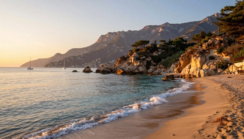 A picturesque coastline of Italy at sunrise, featuring dramatic cliffs and gentle sandy beaches. In the foreground, smooth waves lapping against the shore reflect the warm golden hues of the rising sun. The middle ground showcases lush vegetation and scattered boulders, with a few sailboats in the crystal clear water. The background reveals distant mountains, their peaks softly illuminated by early light. The atmosphere is serene and tranquil, with a sense of harmony between land and sea. This scene should capture the significance of the coastline and waters, emphasizing Italy's geographical beauty. Use natural lighting that highlights the colors of dawn, and a wide-angle lens to encompass the vastness of the shoreline.