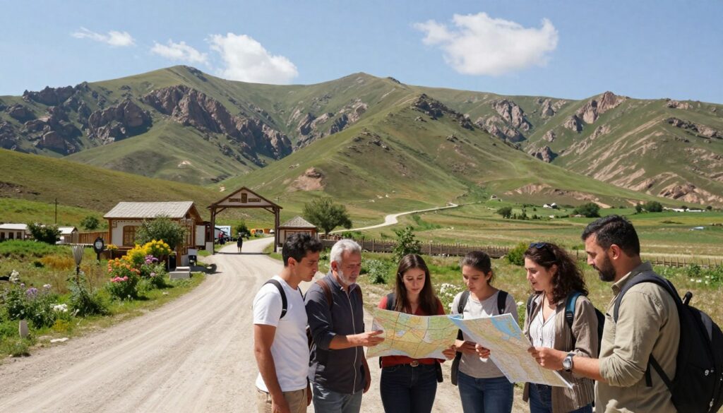 A picturesque landscape depicting the border regions of Turkey, featuring rugged mountains and lush, rolling hills in the background under a bright blue sky with a few wispy clouds. In the foreground, a diverse group of travelers—dressed in casual yet modest clothing—are consulting a map and sharing experiences, exuding excitement and camaraderie. The middle ground showcases a winding dirt road leading to a quaint border checkpoint with traditional architecture, surrounded by local flora. Soft, natural lighting bathes the scene, creating a warm and inviting atmosphere. The angle captures both the travelers’ engaged expressions and the stunning scenery, evoking the spirit of adventure and discovery in these unique border regions of Europe and Asia.