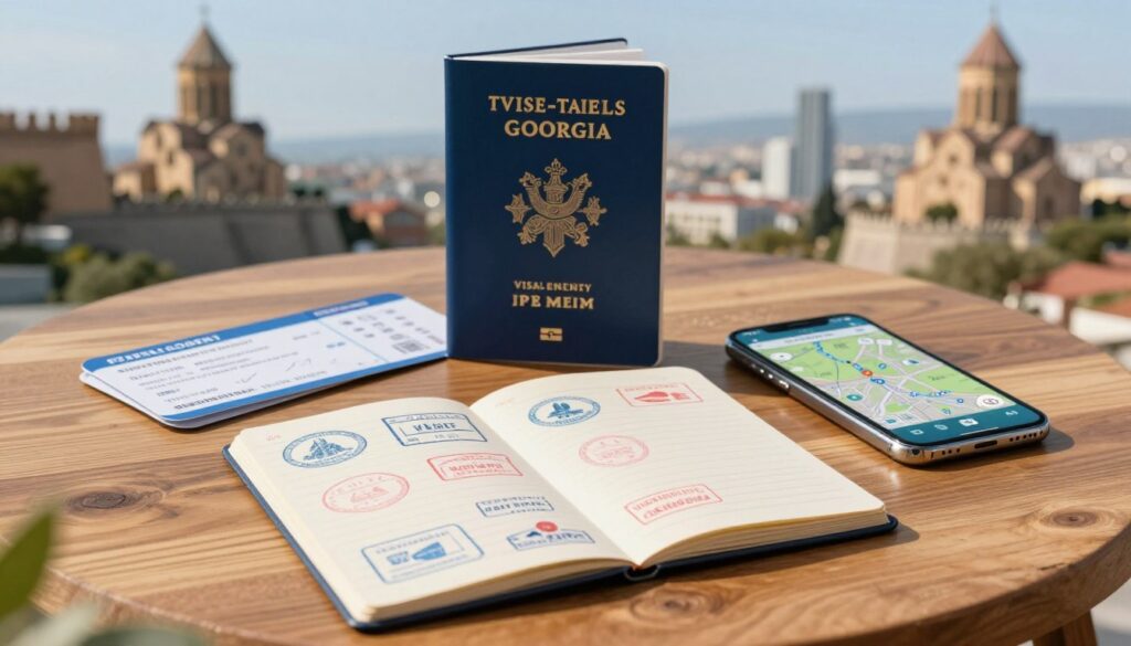 A professional and informative illustration depicting the concept of "visa-free entry and stay regulations" in the context of travel to Georgia. In the foreground, a clear, open passport is placed on an elegant wooden table, showcasing important travel stamps. In the middle ground, a range of travel essentials like plane tickets, a travel guidebook on Georgia, and a smartphone with a map app open, hinting at modern travel planning. The background features a soft-lit travel-related scene with blurred iconic Georgian landmarks like the Narikala Fortress and the Tbilisi skyline, conveying a sense of adventure. The image is well-lit with natural sunlight streaming in, creating a welcoming and hopeful atmosphere, while keeping everything professional and polished without any text or branding elements.