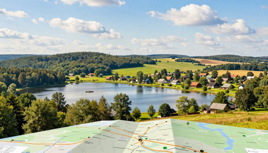 A scenic depiction of the Mazury region in Poland, showcasing a diverse landscape featuring tranquil lakes, dense forests, and charming villages. In the foreground, include a map highlighting key destinations and travel routes with visual cues like arrows or paths. The middle ground should display a serene lake with a small boat, surrounded by lush greenery and traditional wooden houses. In the background, incorporate rolling hills under a bright blue sky with fluffy white clouds. Use soft, warm lighting to create a welcoming and informative atmosphere, capturing the essence of practical travel tips. The angle should be slightly elevated, providing a comprehensive view of the landscape, ensuring no human figures or text are present in the composition.