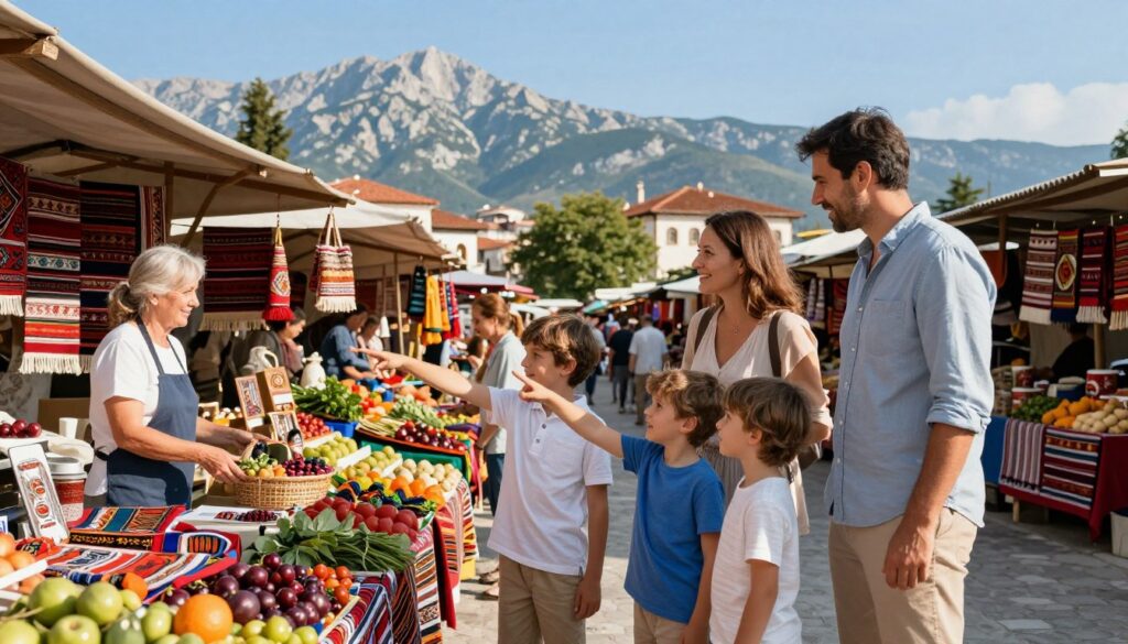 A scenic family adventure in North Macedonia, featuring a family with two children exploring a vibrant market filled with colorful local crafts and fresh produce. In the foreground, the parents, dressed in modest casual clothing, joyfully interact with their children, who are excitedly pointing at various items. The middle ground shows friendly vendors engaging with the family, surrounded by stalls adorned with traditional Macedonian textiles. In the background, the majestic mountains and historical architecture of Skopje are visible under a bright blue sky, with soft, warm sunlight casting inviting shadows. The mood is cheerful and inviting, emphasizing the joy of traveling with children in a culturally rich environment. The composition should evoke a sense of adventure and togetherness. A scenic family adventure in North Macedonia, featuring a family with two children exploring a vibrant market filled with colorful local crafts and fresh produce. In the foreground, the parents, dressed in modest casual clothing, joyfully interact with their children, who are excitedly pointing at various items. The middle ground shows friendly vendors engaging with the family, surrounded by stalls adorned with traditional Macedonian textiles. In the background, the majestic mountains and historical architecture of Skopje are visible under a bright blue sky, with soft, warm sunlight casting inviting shadows. The mood is cheerful and inviting, emphasizing the joy of traveling with children in a culturally rich environment. The composition should evoke a sense of adventure and togetherness.