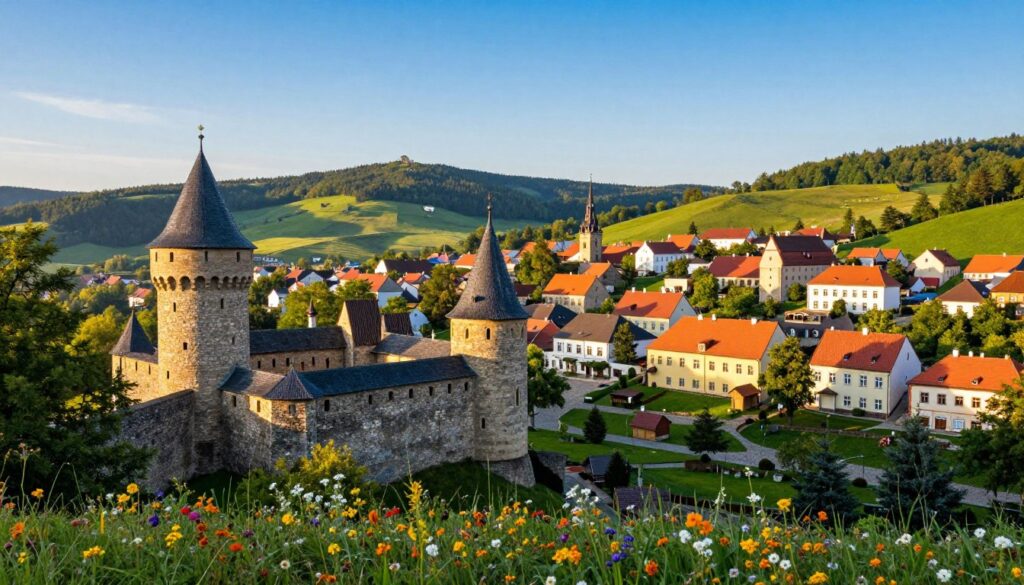 A scenic landscape of Góry Świętokrzyskie, featuring historically significant architecture. In the foreground, a well-preserved medieval castle with stone walls and turrets, surrounded by lush greenery and vibrant wildflowers. In the middle ground, a picturesque village with charming houses, showcasing traditional Polish architecture and cobblestone streets. The background reveals rolling hills under a clear blue sky, with soft, golden sunlight casting gentle shadows. The mood is serene and nostalgic, evoking a connection to the past. The image should be shot from a slightly elevated angle to capture the beauty of the landscape as a whole, with vibrant colors and a warm, inviting atmosphere. No human figures or text overlays present.