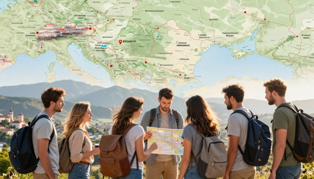 A scenic view of North Macedonia featuring a map style background highlighting the Balkans, with key landmarks marked, like Lake Ohrid and Skopje. In the foreground, a diverse group of travelers in modest, casual clothing engage with a travel guide, looking at the map with curiosity. The middle ground showcases beautiful landscapes including mountains and the iconic architecture of the region. Soft, golden sunlight bathes the scene, casting gentle shadows that enhance the details of the map and the travelers’ expressions. The image conveys a sense of adventure and discovery, inviting viewers into the exploration of North Macedonia’s rich culture and stunning geography.