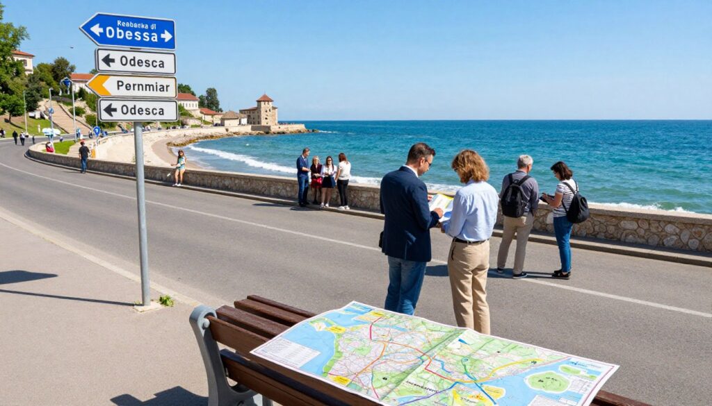 A scenic view of Odessa, Ukraine, showcasing a vibrant coastal landscape. In the foreground, a well-maintained road with directional signs indicating routes to Odessa, alongside a map laid on a wooden bench. In the middle ground, a diverse group of travelers, dressed in smart-casual attire, studying the map and discussing their travel plans. The background features the picturesque Black Sea with gentle waves, a clear blue sky, and the iconic Potemkin Steps leading down to the water. The lighting is bright and inviting, creating a cheerful atmosphere, capturing the essence of travel and exploration. The angle is slightly elevated, offering a comprehensive look at both the road and the stunning coastal backdrop.
