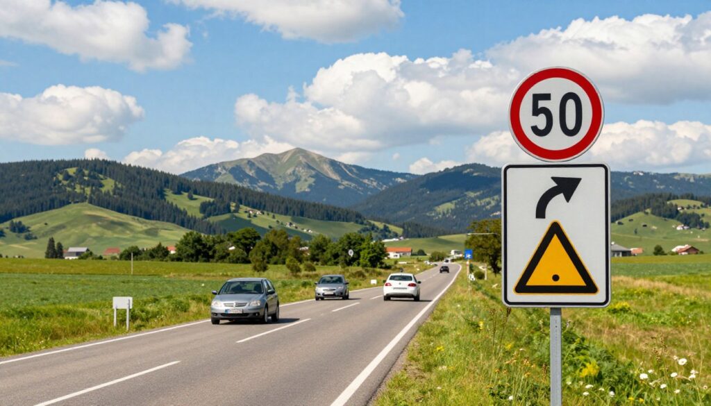 A scenic view of a Romanian countryside road surrounded by lush green fields and towering mountains in the distance. In the foreground, a clear road sign indicating traffic rules and regulations in Romania, featuring symbols for speed limits, right of way, and caution. A few cars in the middle ground driving along the road, showcasing diverse vehicles on the left side of the image. The background captures a bright blue sky, with white fluffy clouds scattering across, creating a warm and inviting atmosphere. Soft sunlight bathes the scene, enhancing the colors of the landscape. Capture the image from a slight angle above the road to provide a comprehensive view of the traffic signs and the beautiful surroundings, evoking a sense of travel and exploration.
