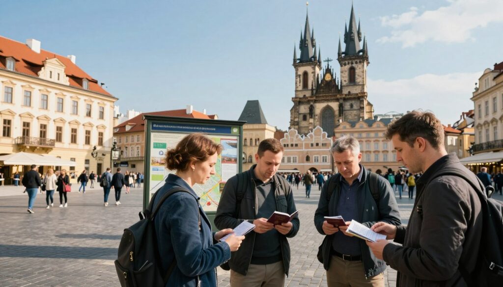 A scenic view of a modern European city, focusing on an open plaza bustling with tourists. In the foreground, a diverse group of tourists dressed in smart casual clothing are discussing travel documents, such as passports and visas. In the middle ground, an information kiosk displaying a map and tourism brochures about Czech registration requirements can be seen. The background features historic architecture with striking Czech elements, including spires and colorful facades, under a bright blue sky. Soft sunlight casts gentle shadows, creating a warm and inviting atmosphere. The angle is slightly elevated, capturing the vibrant interactions between the tourists and their surroundings, emphasizing the theme of travel and tourism compliance.