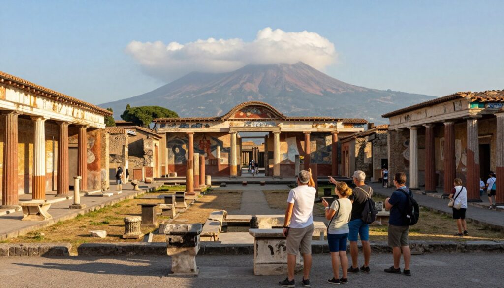 A scenic view of ancient Pompeii, showcasing its well-preserved ruins and vibrant Roman architecture. In the foreground, a group of tourists in modest casual clothing are examining a historical artifact, pointing and discussing. The middle ground features iconic structures like the Forum, amphitheater, and intricate frescoes, all bathed in warm, golden sunlight, creating a welcoming atmosphere. The background displays the majestic silhouette of Mount Vesuvius, partially shrouded in soft clouds. The image captures a sense of exploration and curiosity, with clear blue skies overhead. The composition is framed with a slightly elevated angle, providing a panoramic perspective of the site, emphasizing the grandeur of the ancient city along with the enthusiasm of visitors experiencing history firsthand. A scenic view of ancient Pompeii, showcasing its well-preserved ruins and vibrant Roman architecture. In the foreground, a group of tourists in modest casual clothing are examining a historical artifact, pointing and discussing. The middle ground features iconic structures like the Forum, amphitheater, and intricate frescoes, all bathed in warm, golden sunlight, creating a welcoming atmosphere. The background displays the majestic silhouette of Mount Vesuvius, partially shrouded in soft clouds. The image captures a sense of exploration and curiosity, with clear blue skies overhead. The composition is framed with a slightly elevated angle, providing a panoramic perspective of the site, emphasizing the grandeur of the ancient city along with the enthusiasm of visitors experiencing history firsthand.