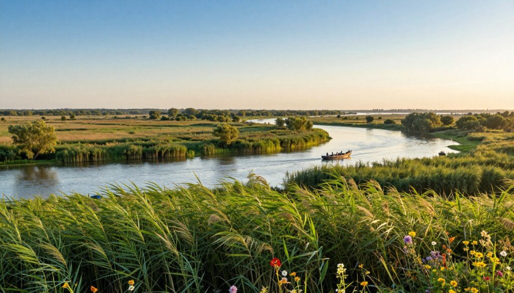 A scenic view of the Danube Delta, showcasing its rich biodiversity and lush wetlands. In the foreground, vibrant green reeds sway gently in the breeze, while colorful wildflowers dot the landscape. In the middle ground, a meandering river reflects the soft golden sunlight, flowing through the delta with small boats drifting peacefully. The background features expansive marshlands and clusters of trees, blending into the horizon where the river meets the horizon under a clear blue sky. The overall atmosphere is tranquil and harmonious, evoking a sense of peace and natural beauty. Capture this image with warm lighting, taken from a slightly elevated angle to encompass the vastness of the delta landscape, with a balance of detail and serenity.