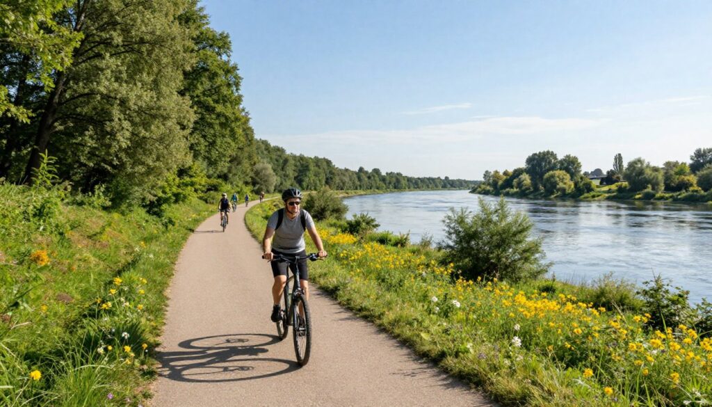 A scenic view of the Wiślana Trasa Rowerowa, capturing a leisurely bicycle path that winds along the banks of the Vistula River in Poland. In the foreground, a cyclist, dressed in casual athletic wear, enjoys the ride, surrounded by lush greenery and vibrant wildflowers. The middle ground features a winding path bordered by clusters of trees, with a few cyclists engaging with the serene landscape, illustrating a friendly atmosphere. In the background, the tranquil river flows gently under a clear blue sky, with soft sunlight filtering through the leaves, creating a warm and inviting mood. The scene should be depicted from a slightly elevated angle, enhancing the depth and sense of adventure, reflecting the beauty and accessibility of this cycling route. A scenic view of the Wiślana Trasa Rowerowa, capturing a leisurely bicycle path that winds along the banks of the Vistula River in Poland. In the foreground, a cyclist, dressed in casual athletic wear, enjoys the ride, surrounded by lush greenery and vibrant wildflowers. The middle ground features a winding path bordered by clusters of trees, with a few cyclists engaging with the serene landscape, illustrating a friendly atmosphere. In the background, the tranquil river flows gently under a clear blue sky, with soft sunlight filtering through the leaves, creating a warm and inviting mood. The scene should be depicted from a slightly elevated angle, enhancing the depth and sense of adventure, reflecting the beauty and accessibility of this cycling route.