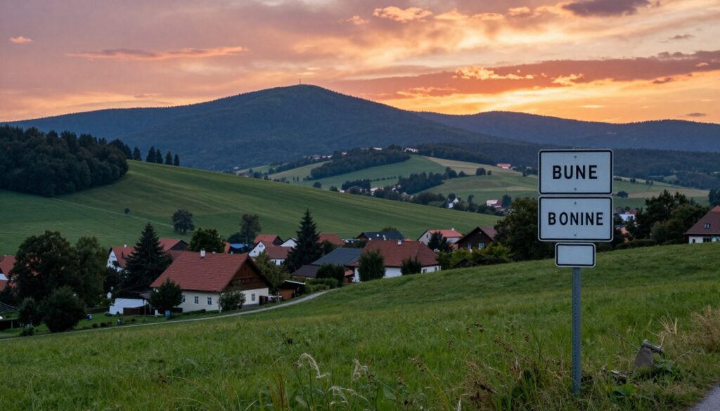 A scenic view of the border area between Poland and the Czech Republic, showcasing rolling hills and lush greenery. In the foreground, a well-marked border post stands with a clear sign that subtly indicates the countries without any text. The middle ground features charming countryside landscapes with small villages, traditional houses with tiled roofs, and wandering paths. In the background, the silhouette of the Sudetes mountain range rises against a dramatic sunset sky, casting warm orange and pink hues over the landscape. The lighting is soft, evoking a serene and welcoming mood. The angle captures both the border post and the stunning landscape, inviting viewers to explore the natural beauty of this eastern neighbor relationship.