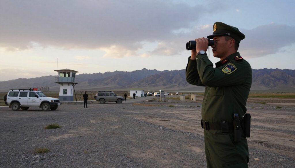A secure border scene depicting the challenges of border security in Central Asia, focusing on Uzbekistan's borders. In the foreground, a professional border guard in uniform stands poised, scanning the horizon with binoculars, showcasing vigilance. In the middle ground, a rugged landscape features watchtowers and border control posts, surrounded by barbed wire and patrol vehicles that emphasize the tension of the region. The background reveals distant mountains under a dramatic sky, enhancing the mood of alertness. Soft, natural lighting cascades over the scene, suggesting dawn or dusk, creating a sense of urgency and responsibility. The lens captures a slightly wide-angle perspective, giving a sweeping view of the challenging terrain, symbolizing the ongoing issues in border security.