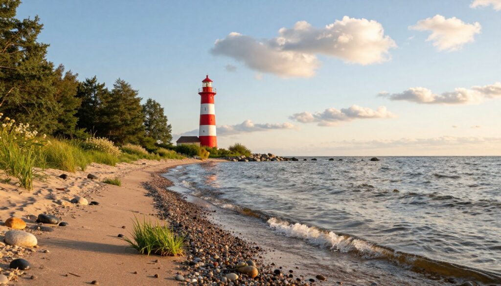 A serene coastal landscape featuring the Kaliningrad Oblast by the sea. In the foreground, gentle waves lap against a sandy beach adorned with smooth pebbles and patches of green sea grass. In the middle ground, a quaint old lighthouse stands proudly with its red and white stripes, surrounded by lush greenery and blooming wildflowers. The background reveals a clear sky with soft, fluffy clouds, creating a tranquil atmosphere. The sun is setting, casting warm golden light over the scene, reflecting off the water's surface. The perspective captures the vastness of the Baltic Sea, emphasizing the geopolitical significance of this unique region. The image should evoke feelings of peace, connection to nature, and the rich history of the area.