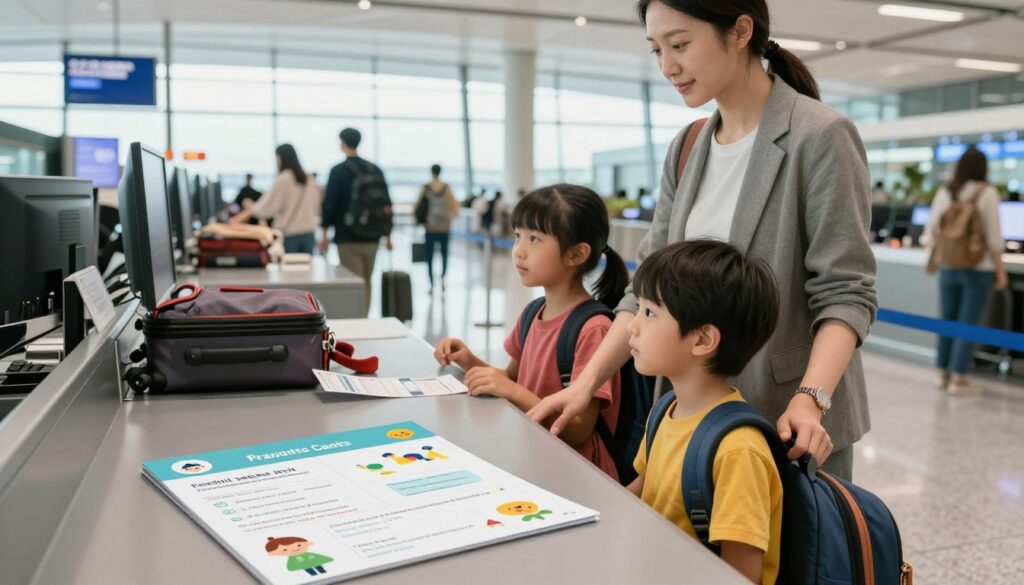 A serene family scene at an airport, showcasing a parent and two children standing at a check-in desk. The parent is dressed in smart casual attire, while the children wear colorful clothes suitable for travel. The foreground features an open children’s identification document with colorful illustrations, lying on the counter. In the middle ground, the check-in desk is filled with travel essentials like luggage and boarding passes, reflecting a busy airport environment. In the background, soft-focus travelers are moving, with airport signs and displays visible. Soft, natural lighting filters in through large windows, creating a welcoming atmosphere. The overall mood is one of preparation and excitement, emphasizing the importance of travel documents for children.