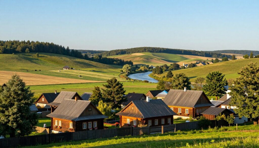 A serene landscape depicting Lipce Reymontowskie, showcasing its rich cultural heritage. In the foreground, traditional Polish wooden houses adorned with vibrant flowers and greenery. In the middle ground, a picturesque rural setting featuring rolling hills, a winding river, and lush fields dotted with grazing livestock. Background elements include distant forests under a clear blue sky, adding depth to the scene. The lighting should be warm and golden, reminiscent of late afternoon sun, creating a tranquil and nostalgic atmosphere. Use a wide-angle lens to capture the expanse of the landscape, emphasizing the harmony between the architecture and nature. The image should evoke a sense of peaceful rural life in Lipce Reymontowskie, inviting viewers to appreciate its cultural significance.