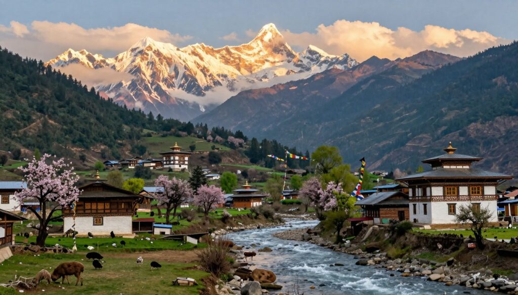 A serene landscape depicting the borders of Nepal and Bhutan, showcasing the lush green hills and majestic mountains characteristic of the Himalayan region. In the foreground, a traditional Nepalese village with charming wooden houses and vibrant prayer flags swaying in the gentle breeze. The middle ground features the clear flowing river that marks part of the border, flanked by flowering trees and local wildlife, such as birds and butterflies. In the background, towering snow-capped peaks with soft clouds drifting overhead, reflecting the warm glow of the golden hour. The mood is peaceful and inviting, conveying the rich cultural connection between these neighboring countries. Focus on natural beauty and harmony, captured with a wide-angle lens to emphasize the expansive landscape. A serene landscape depicting the borders of Nepal and Bhutan, showcasing the lush green hills and majestic mountains characteristic of the Himalayan region. In the foreground, a traditional Nepalese village with charming wooden houses and vibrant prayer flags swaying in the gentle breeze. The middle ground features the clear flowing river that marks part of the border, flanked by flowering trees and local wildlife, such as birds and butterflies. In the background, towering snow-capped peaks with soft clouds drifting overhead, reflecting the warm glow of the golden hour. The mood is peaceful and inviting, conveying the rich cultural connection between these neighboring countries. Focus on natural beauty and harmony, captured with a wide-angle lens to emphasize the expansive landscape.