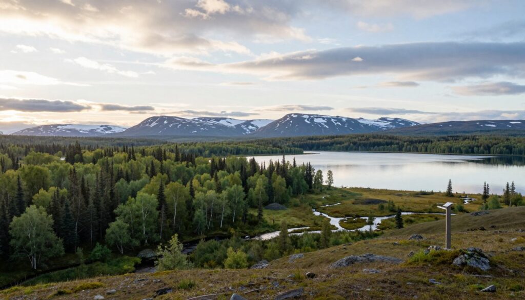 A serene landscape illustrating the land border between Finland and Russia, featuring lush green forests and gentle hills in the foreground, highlighting natural borders such as rivers and streams. In the middle ground, include a clear, tranquil lake reflecting the sky, with a small wooden border marker symbolizing the international boundary. The background should showcase distant snow-capped mountains under a soft, cloudy sky, with sunlight filtering through, casting a warm glow on the scene. The atmosphere should feel peaceful and harmonious, capturing the essence of nature at the northern edge of Europe. Use a wide-angle lens to encompass the vastness of the landscape, with soft, natural lighting enhancing the tranquil mood. Ensure no human figures are present in the image.