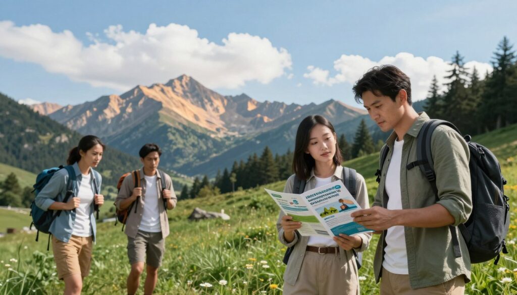 A serene mountain landscape illustrating health insurance and safety in nature. In the foreground, include a group of diverse hikers in modest casual clothing, reviewing a health insurance brochure amidst lush green grass. In the middle ground, depict picturesque mountain peaks bathed in warm sunlight, with trees framing the scene. A clear blue sky covers the background, dotted with fluffy white clouds, enhancing the tranquil atmosphere. Use natural lighting to evoke a sense of safety and security, with a focus on the hikers’ expressions of determination and preparedness. Capture the scene with a slightly elevated angle to showcase both the hikers’ interaction with the brochure and the majestic mountains behind them.