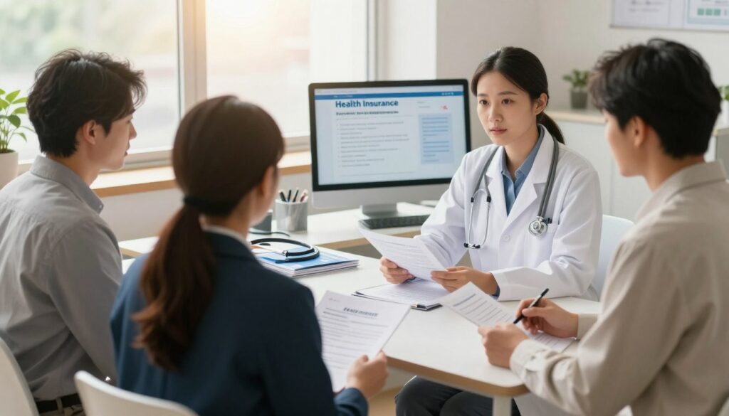 A serene scene depicting a healthcare professional consulting with a patient in a bright, welcoming office environment, symbolizing health insurance and medical care. In the foreground, a diverse group of individuals, dressed in professional business attire, look at health insurance documents and discuss options. The middle-ground features a desk with medical brochures, a stethoscope, and a computer displaying health insurance plans. The background shows a window with sunlight streaming in, illuminating the space and creating a warm, inviting atmosphere. Soft shadows and natural lighting enhance the professionalism of the setting, while the overall mood conveys reassurance and trust in health care provision.