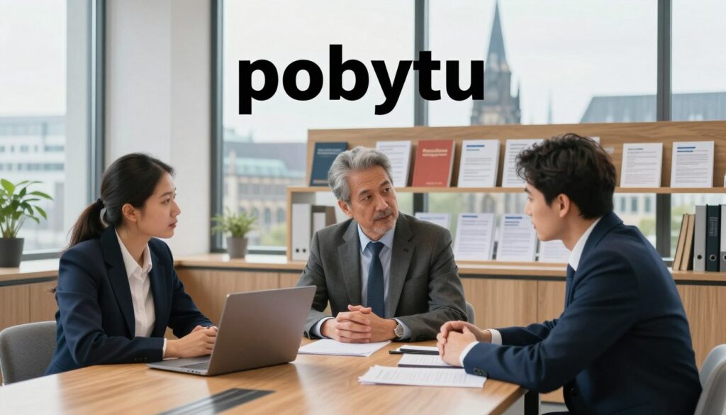 A serene scene depicting a professional office setting illustrating the concept of "pobytu" (stay) in a formal context. In the foreground, a diverse group of three individuals, dressed in smart business attire, are engaged in a discussion around a large wooden table, with a laptop and documents scattered about. The middle ground includes shelves filled with travel guides and visa pamphlets, symbolizing travel formalities. The background showcases a window with soft natural light streaming in, reflecting a cityscape with iconic German architecture, hinting at the location. The atmosphere is focused and constructive, conveying a sense of preparation and planning for a long stay abroad.