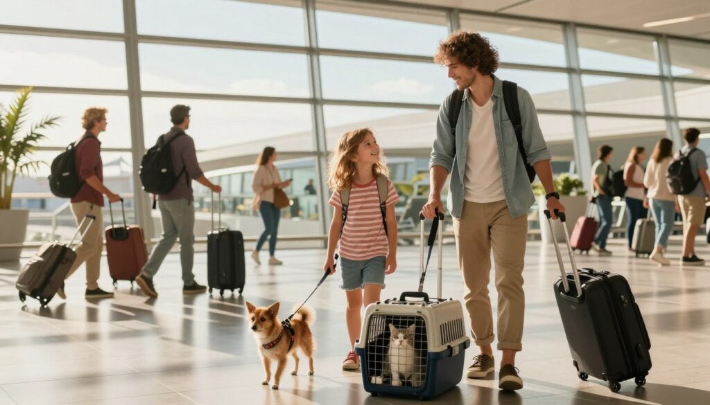 A serene travel scene capturing a family at an airport preparing for their journey to the Canary Islands with pets. In the foreground, a cheerful family with two children holds leashes of a small dog and a cat in a carrier, depicting excitement for their trip. The middle ground features a bustling airport terminal, with travelers dragging luggage and various pet carriers. In the background, large windows reveal a bright, sunny sky, suggesting a tropical atmosphere. The lighting is warm and inviting, casting soft shadows. The mood is friendly and adventurous, emphasizing preparation for a unique family holiday with animals.