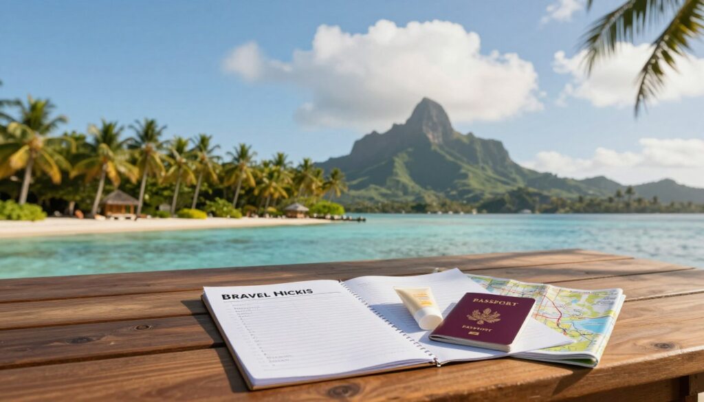 A serene travel scene showcasing practical travel tips for a trip to Bora Bora. In the foreground, a neatly arranged travel checklist on a wooden table, including items like a passport, sunblock, and a map. In the middle ground, a tropical island with lush green palm trees and turquoise water, embodying the paradise aspect of Bora Bora. In the background, soft, fluffy clouds float in a bright blue sky, with hints of distant mountains. Warm, natural lighting casts gentle shadows, creating a calm and inviting atmosphere. Use a wide-angle lens to capture the expanse of the landscape, evoking a sense of adventure and tranquility. The composition should inspire viewers to plan their own dream vacation.