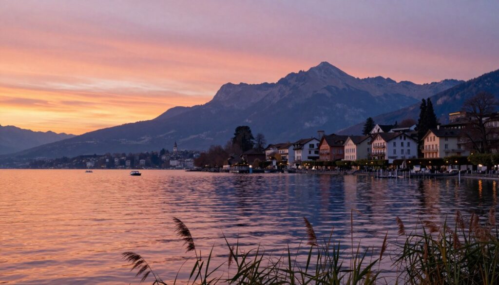 A serene view of Lake Geneva at sunset, capturing the tranquil waters reflecting vibrant hues of orange, pink, and purple in the sky. Foreground features delicate reeds gently swaying in the breeze, while small boats gently bob along the lake's surface. The middle ground showcases the charming Swiss town along the lakeshore, with historic buildings in soft pastel colors and watchful mountains rising majestically behind. In the background, the French Alps loom in subtle detail, adding depth to the landscape. The scene should be illuminated with soft, warm lighting to evoke a peaceful atmosphere, as if inviting viewers to experience the cultural fusion of Swiss and French influences. Capture this composition with a wide-angle lens to emphasize the grandeur of the landscape. A serene view of Lake Geneva at sunset, capturing the tranquil waters reflecting vibrant hues of orange, pink, and purple in the sky. Foreground features delicate reeds gently swaying in the breeze, while small boats gently bob along the lake's surface. The middle ground showcases the charming Swiss town along the lakeshore, with historic buildings in soft pastel colors and watchful mountains rising majestically behind. In the background, the French Alps loom in subtle detail, adding depth to the landscape. The scene should be illuminated with soft, warm lighting to evoke a peaceful atmosphere, as if inviting viewers to experience the cultural fusion of Swiss and French influences. Capture this composition with a wide-angle lens to emphasize the grandeur of the landscape.