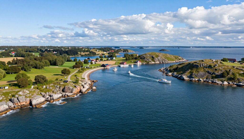 A stunning aerial view of Denmark’s maritime borders, showcasing the beautiful coastlines and waters that define the country’s territorial limits. In the foreground, depict clear blue waters of the Øresund Strait, with gentle waves lapping against rocky shores. The middle ground features a vibrant landscape with lush green hills and small fishing boats, capturing the harmony between nature and human activity. In the background, include distant silhouettes of neighboring countries like Sweden and Germany on the horizon, under a bright blue sky with fluffy white clouds. The scene is illuminated by warm, natural sunlight, evoking a peaceful and serene atmosphere. Use a wide-angle lens to emphasize the expansive maritime borders, while maintaining a focus on the beauty and significance of Denmark’s coastal regions.