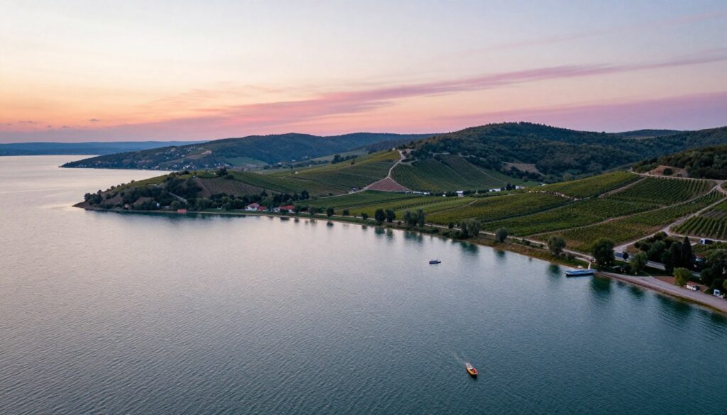 A stunning aerial view of Lake Balaton, Hungary, capturing the shimmering waters of the largest lake in Central Europe. In the foreground, gentle waves lapping against the shore, dotted with small, colorful boats. The middle ground features lush green hills and vineyards that rise gently, providing a rich contrast to the blue waters. In the background, the horizon showcases a pastel sunset with soft pink and orange hues blending into a serene sky. The scene is illuminated by warm, golden hour light, creating a tranquil and inviting atmosphere. The focus is on the natural beauty of the landscape, emphasizing the lake's significance as a natural treasure. The composition is wide, capturing the expansiveness of the lake and surrounding nature, with the angle positioned slightly above for a breathtaking perspective.