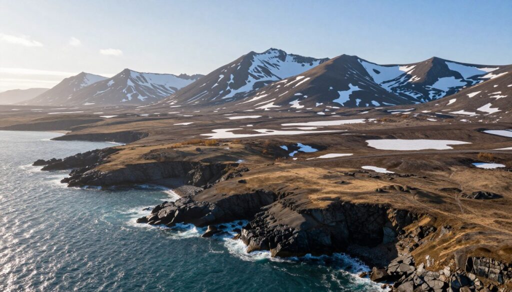 A stunning geographical perspective of the extreme points of Russia, showcasing the vast diversity of its landscapes. In the foreground, highlight a rugged coastline with dramatic cliffs where the Arctic Ocean meets the land, with a glimmering sea reflecting the sunlight. In the middle ground, depict rolling tundras interspersed with patches of snow and sparse vegetation, illustrating the transition from coastal regions to inland territories. The background should feature majestic mountains rising against a clear blue sky, symbolizing Russia’s vastness. Capture the atmosphere of both isolation and grandeur, with warm, soft lighting enhancing the natural beauty. Use a wide-angle lens perspective to convey the sheer scale and variety of the environment, evoking a sense of exploration and awe.