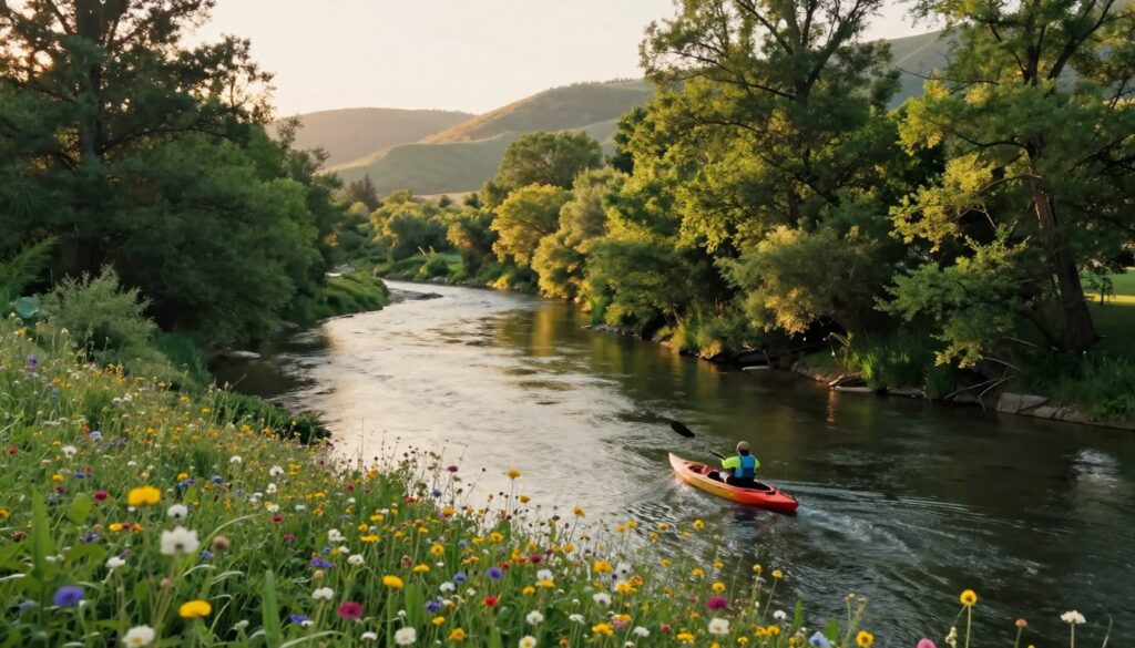 A tranquil view of the Rawka River, showcasing its gentle, meandering path through lush greenery. The foreground features a vibrant array of wildflowers in bloom along the riverbank, with a kayaker skillfully navigating the clear waters, capturing the adventure spirit. In the middle ground, the river winds gracefully, flanked by tall trees reflecting sunlight, creating dappled patterns on the surface. The background reveals rolling hills with soft, warm sunlight casting a golden hue over the landscape, suggesting early evening. The atmosphere is serene yet invigorating, inviting exploration and connection with nature. Utilize a natural lighting effect, soft focus for distant elements, and a slightly elevated angle to capture the river's journey. Ensure the scene is free from any human distractions or text overlays.
