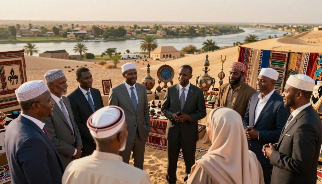 A vibrant and diverse scene showcasing the ethnic structure and cultural richness of Sudan’s inhabitants. In the foreground, a group of men and women representing various ethnic groups, dressed in professional business attire and modest casual clothing, engaged in a lively conversation. Their facial expressions convey a sense of community and collaboration. In the middle ground, traditional Sudanese crafts and artifacts are displayed, symbolizing the region's rich cultural heritage. The background features a panoramic view of Sudan's varied landscapes, including the Nile River and desert areas, illuminated by warm, golden sunlight that enhances the colors. The atmosphere is vibrant and hopeful, reflecting unity in diversity. The image is captured with a slightly elevated angle, adding depth to the scene without text or overlays.