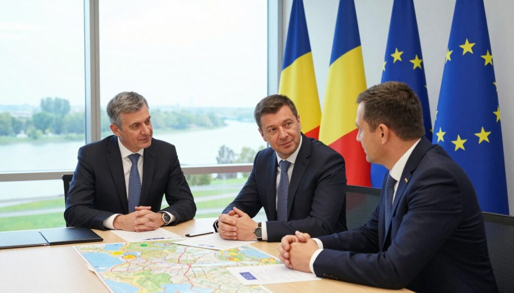 A vibrant and engaging scene depicting a collaborative meeting between Romanian and Bulgarian officials in a modern office setting, emphasizing their partnership within the European Union. In the foreground, two professional-looking individuals, one Romanian and one Bulgarian, are engaged in a discussion over a table covered with maps and documents related to EU regulations. The middle layer showcases a large window displaying a view of the Danube River and the Bulgarian border, symbolizing geographical connection. In the background, there are flags of Romania and Bulgaria alongside the EU flag, adding to the atmosphere of international cooperation. The lighting is bright, with soft natural light filtering in, creating an inspiring and optimistic ambiance. The focus is on teamwork and unity, representing a positive vision for collaboration.