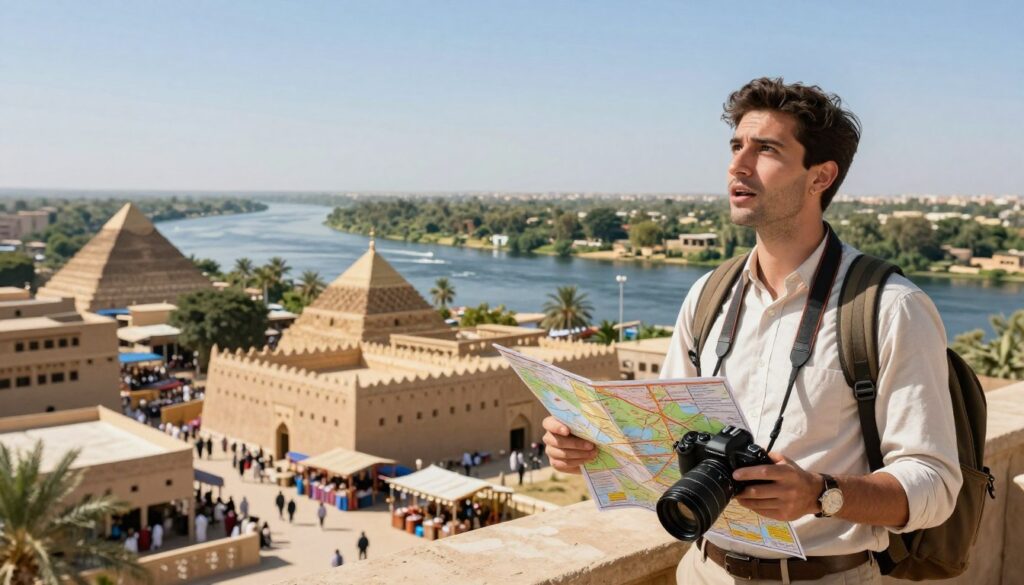 A vibrant and informative travel guide scene set in Sudan, showcasing its diverse landscapes. In the foreground, a well-dressed traveler, dressed in lightweight, professional attire, holds a detailed map and a camera, with a sense of wonder on their face. In the middle ground, traditional Sudanese architecture is visible, including ancient pyramids and bustling local markets, highlighting the cultural richness of the region. The background features the vast Nile River flowing majestically, bordered by lush greenery under a bright blue sky. Warm, natural sunlight bathes the scene, creating an inviting and adventurous atmosphere. The lens captures every detail with high clarity, while the angle provides a comprehensive view of this captivating destination, inspiring a sense of exploration and discovery.