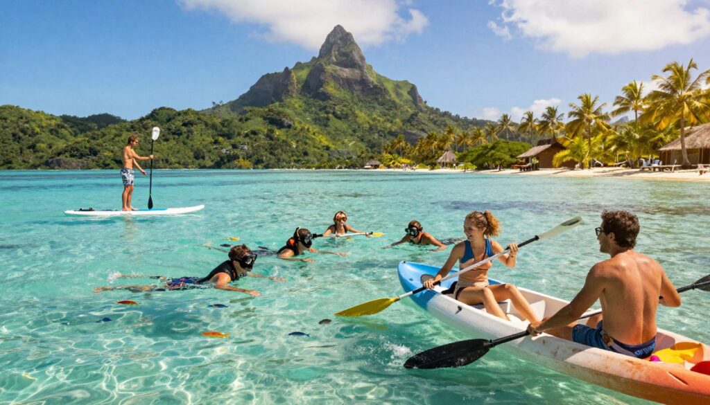 A vibrant and inviting lagoon scene depicting various water activities and land exploration in Bora Bora. In the foreground, a family in modest casual clothing enjoys kayaking, their smiles reflecting joy. The middle ground features a group snorkeling, colorful tropical fish swimming around them in crystal-clear waters. To the left, a paddleboarder glides gracefully across the lagoon. The background showcases lush, green hills and palm trees, under a bright blue sky with wispy clouds. The sunlight casts a warm glow on the water, creating sparkling reflections. The atmosphere is lively and tropical, emphasizing the beauty of Bora Bora's natural environment and the excitement of adventure. The composition is balanced, highlighting both the tranquil water and the stunning landscape.