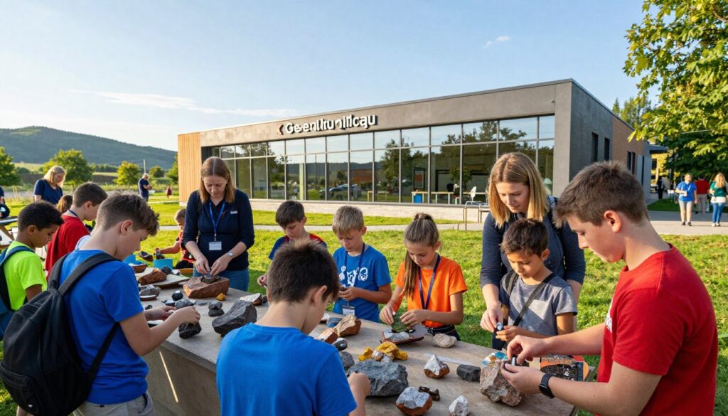 A vibrant, educational scene showcasing the Kieleckie Centrum Geoedukacji amidst a natural landscape. In the foreground, a diverse group of children and adults, dressed in professional and casual attire, actively engaging in a hands-on geological activity, like examining rock samples. The middle ground features the modern architectural design of the Geoedukacja center, with large glass windows reflecting the surrounding greenery. In the background, gentle hills and trees create a serene atmosphere, under a clear blue sky with soft, warm sunlight. The mood is lively and inquisitive, evoking a sense of exploration and learning. The angle captures a dynamic perspective, highlighting the interaction between people and the unique educational environment. A vibrant, educational scene showcasing the Kieleckie Centrum Geoedukacji amidst a natural landscape. In the foreground, a diverse group of children and adults, dressed in professional and casual attire, actively engaging in a hands-on geological activity, like examining rock samples. The middle ground features the modern architectural design of the Geoedukacja center, with large glass windows reflecting the surrounding greenery. In the background, gentle hills and trees create a serene atmosphere, under a clear blue sky with soft, warm sunlight. The mood is lively and inquisitive, evoking a sense of exploration and learning. The angle captures a dynamic perspective, highlighting the interaction between people and the unique educational environment.