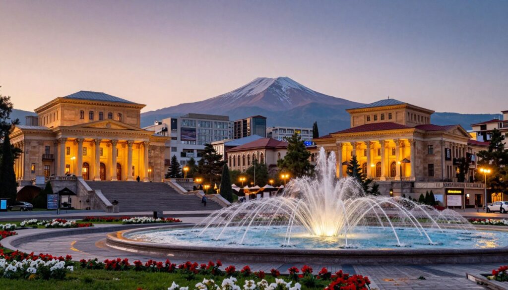 A vibrant panoramic view of Yerevan, Armenia’s capital, showcasing the stunning Republic Square at sunset. In the foreground, elegant fountains symbolize cultural richness, surrounded by blooming flowers. The middle ground features historic Armenian architecture, including the iconic Opera House and the cascading steps of the Cascade Complex, illuminated by warm golden light. In the background, majestic Mount Ararat looms under a twilight sky, casting a serene and mystical atmosphere. The overall mood is one of pride and tranquility, capturing Yerevan as the heart of Armenia. The scene is photographed with a wide-angle lens, emphasizing depth and perspective, creating a captivating blend of modernity and tradition without any people in the frame.