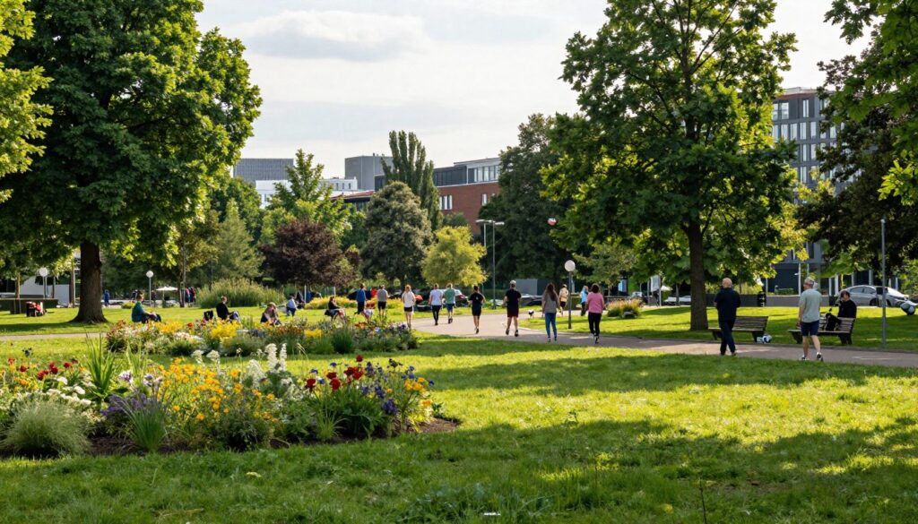 A vibrant urban park in Stuttgart, showcasing "green lungs" of the city. In the foreground, a lush expanse of manicured grass dotted with colorful wildflowers and shaded areas under large trees. In the middle ground, a winding path lightly populated with people in modest casual clothing enjoying leisure activities such as jogging and walking dogs. In the background, the city skyline subtly blends with the greenery, showcasing modern buildings interspersed with vegetation. Soft, warm sunlight filters through the leaves, creating a dappled light effect on the ground. The atmosphere is serene and inviting, illustrating a perfect harmony between nature and urban life. The scene is captured with a wide-angle lens to emphasize the expansive green spaces against the cityscape.