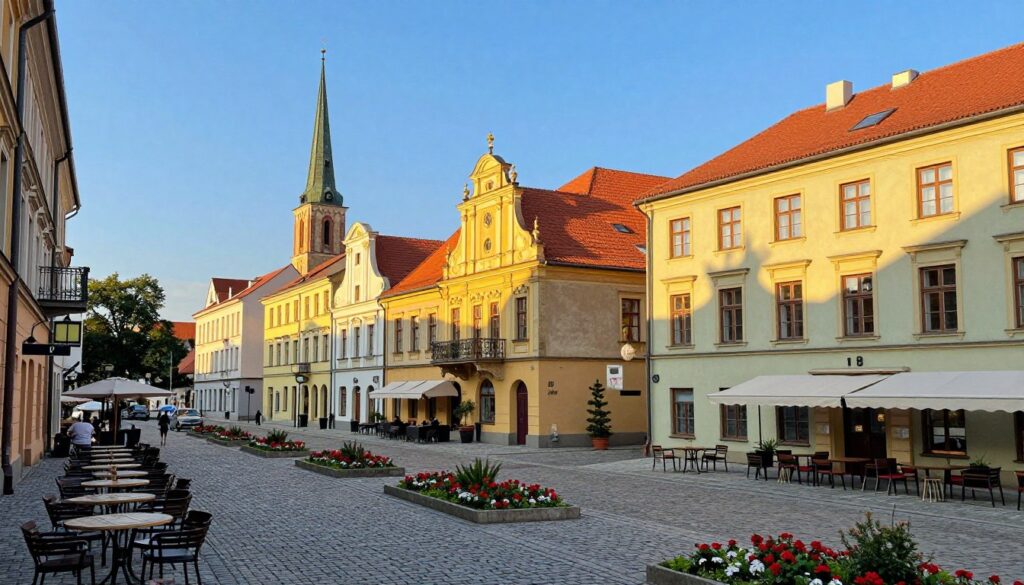 A vibrant view of the central architecture of Siedlce, showcasing a harmonious blend of historical and modern buildings. In the foreground, a cobblestone street lined with quaint cafes and well-kept flowerbeds invites visitors into the scene. The middle ground features elegant facades with intricate details, including balconies and decorative cornices, illuminated by the warm golden light of late afternoon. In the background, a prominent church steeple rises against a clear blue sky, adding depth to the urban landscape. Capture this scene from a slightly elevated angle, emphasizing the layout of the town square, creating a lively yet serene atmosphere that reflects the rich architectural heritage of the city. The lighting should evoke a feeling of warmth and welcome. A vibrant view of the central architecture of Siedlce, showcasing a harmonious blend of historical and modern buildings. In the foreground, a cobblestone street lined with quaint cafes and well-kept flowerbeds invites visitors into the scene. The middle ground features elegant facades with intricate details, including balconies and decorative cornices, illuminated by the warm golden light of late afternoon. In the background, a prominent church steeple rises against a clear blue sky, adding depth to the urban landscape. Capture this scene from a slightly elevated angle, emphasizing the layout of the town square, creating a lively yet serene atmosphere that reflects the rich architectural heritage of the city. The lighting should evoke a feeling of warmth and welcome.
