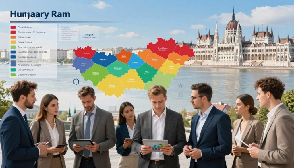 A visually striking representation of Hungary's demographics and religious structure. In the foreground, a diverse group of people in professional attire, such as business suits and modest casual clothing, engaged in conversation and analyzing charts on a digital tablet. The middle ground features a colorful infographic of Hungary's population distribution by age and religion, integrating symbols representing major faiths like Christianity and Judaism. In the background, an artistic representation of the Hungarian landscape includes the Danube River and the iconic Parliament building under a bright blue sky. The scene is illuminated by soft, natural lighting, creating an inviting atmosphere. The perspective is slightly elevated, offering a balanced view of the people and the infographic, evoking a sense of unity and diversity within Hungary.