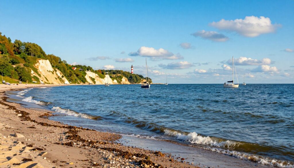A vivid coastal scene showcasing the maritime borders of Poland along the Baltic Sea. In the foreground, gentle waves kiss the sandy shoreline, interspersed with pebbles and seaweed. Sailboats elegantly glide across the water, symbolizing trade and connection with neighboring countries. The middle ground presents a dramatic view of coastal cliffs and lush greenery, with a lighthouse in the distance guiding maritime traffic. In the background, the horizon stretches into a clear azure sky, dotted with fluffy white clouds. The lighting is warm and inviting, suggesting late afternoon sun, casting soft shadows and enhancing the tranquility of the scene. The overall mood is serene yet vibrant, emphasizing the importance of marine borders and economic zones.